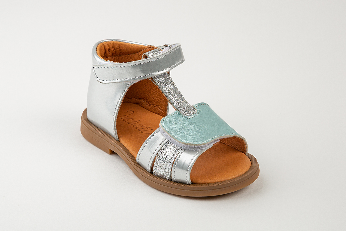 Sandales Bébé Fille en cuir argenté et bleu irisé